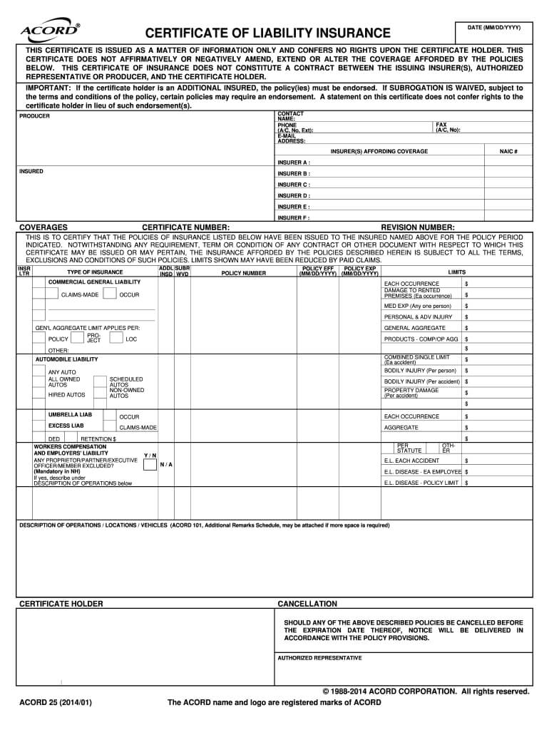 001 Large Certificate Of Insurance Template Fascinating Intended For Acord Insurance Certificate Template