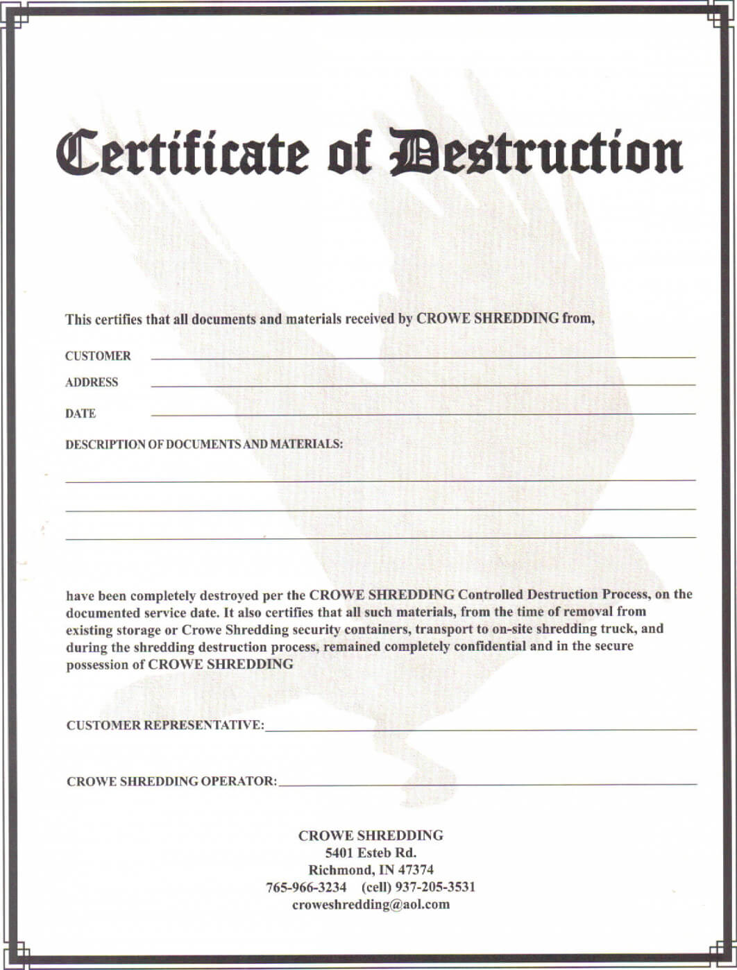 004 Certificate Of Destruction Template Free Form Throughout Hard Drive Destruction Certificate Template