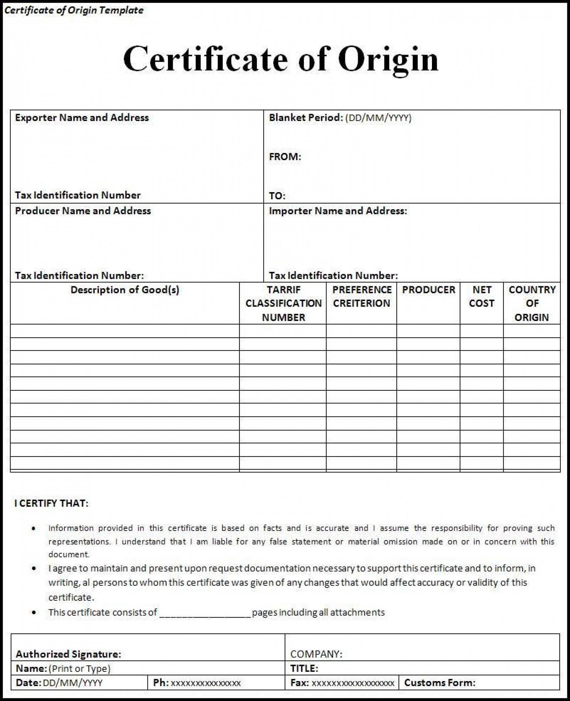 005 Template Ideas Certificate Of Origin Excel Awesome Nafta Pertaining To Nafta Certificate Template