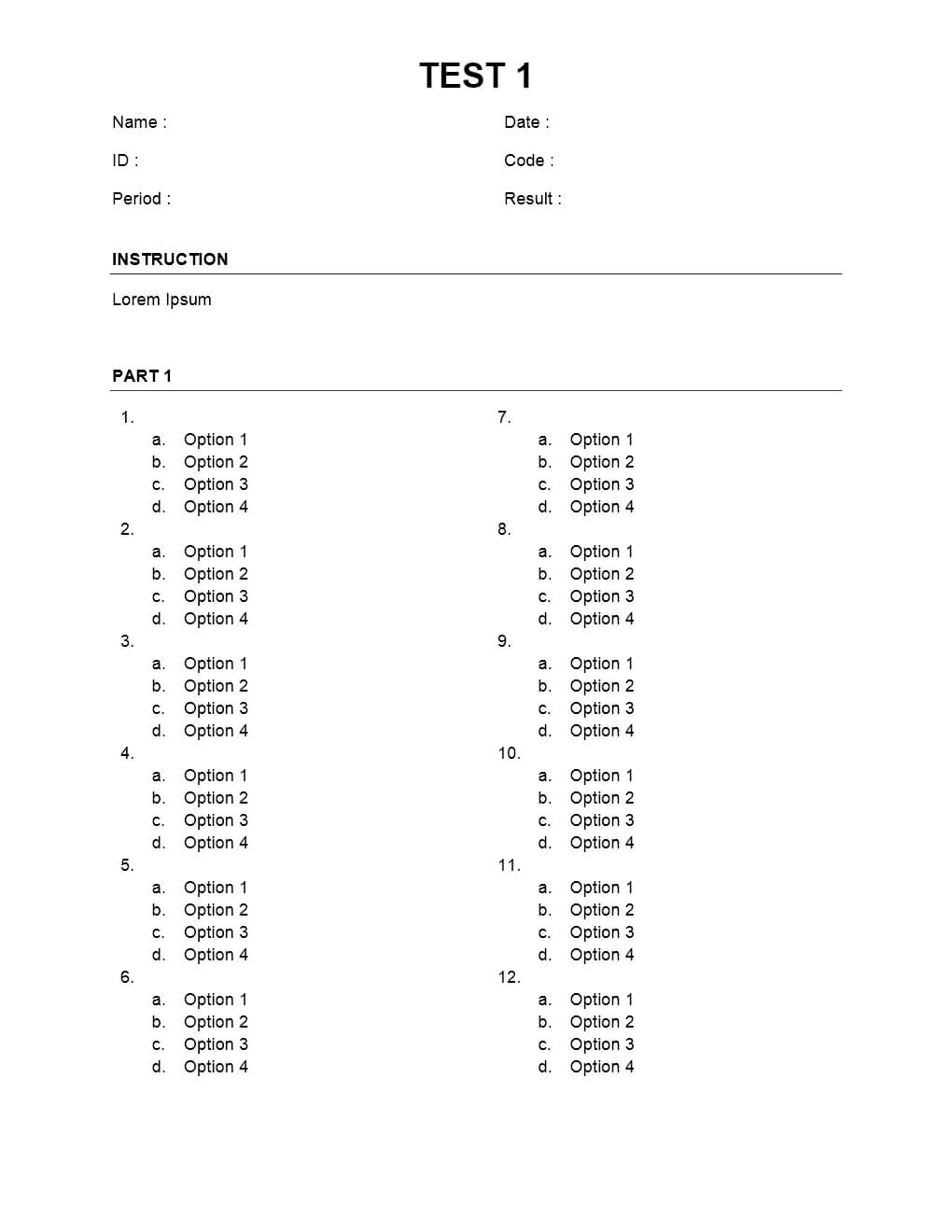 006 Blank Multiple Choice Test Template Matching Microsoft Within Test Template For Word