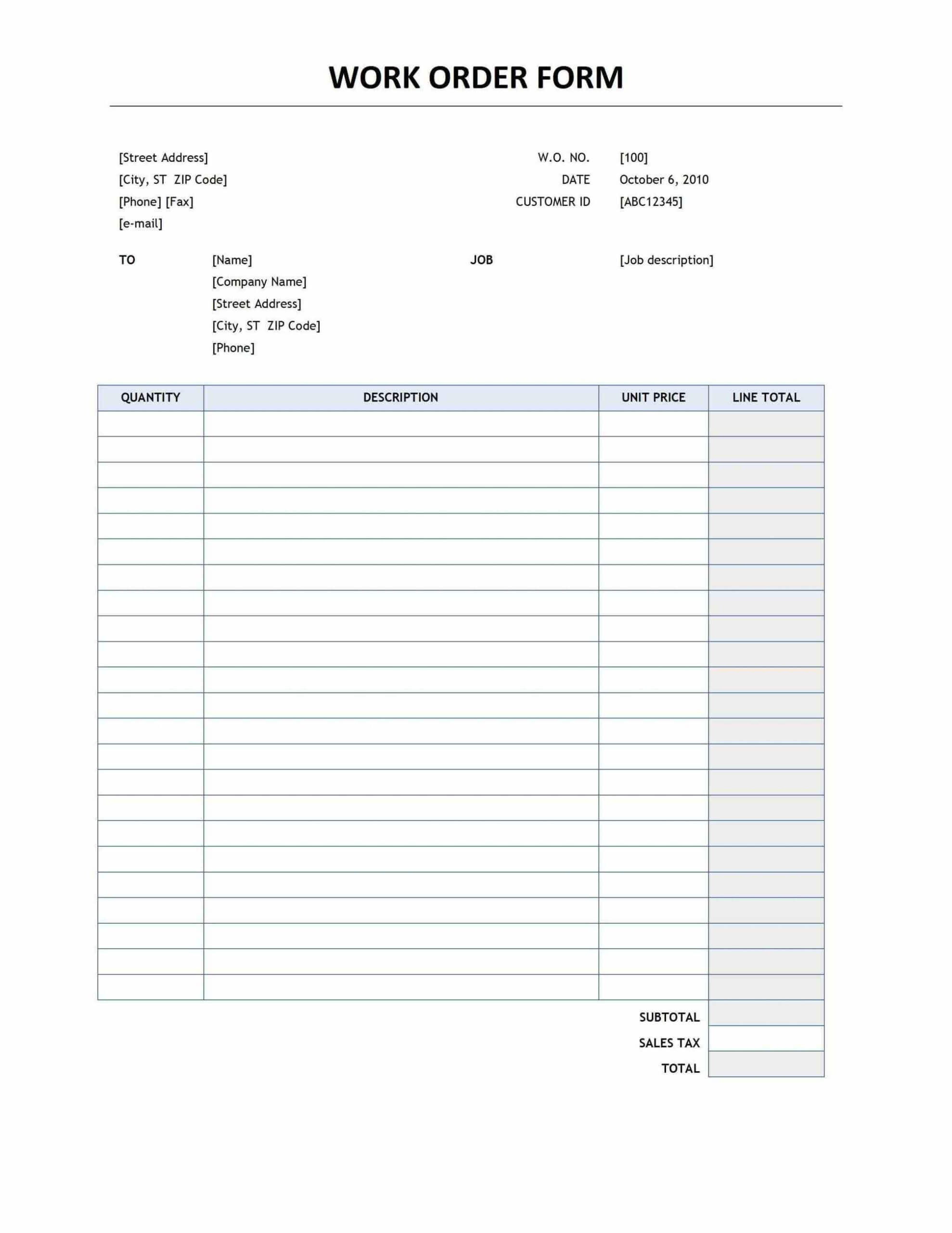 010 Template Ideas Work Order Forms Singular Excel Mechanic In Job Card Template Mechanic