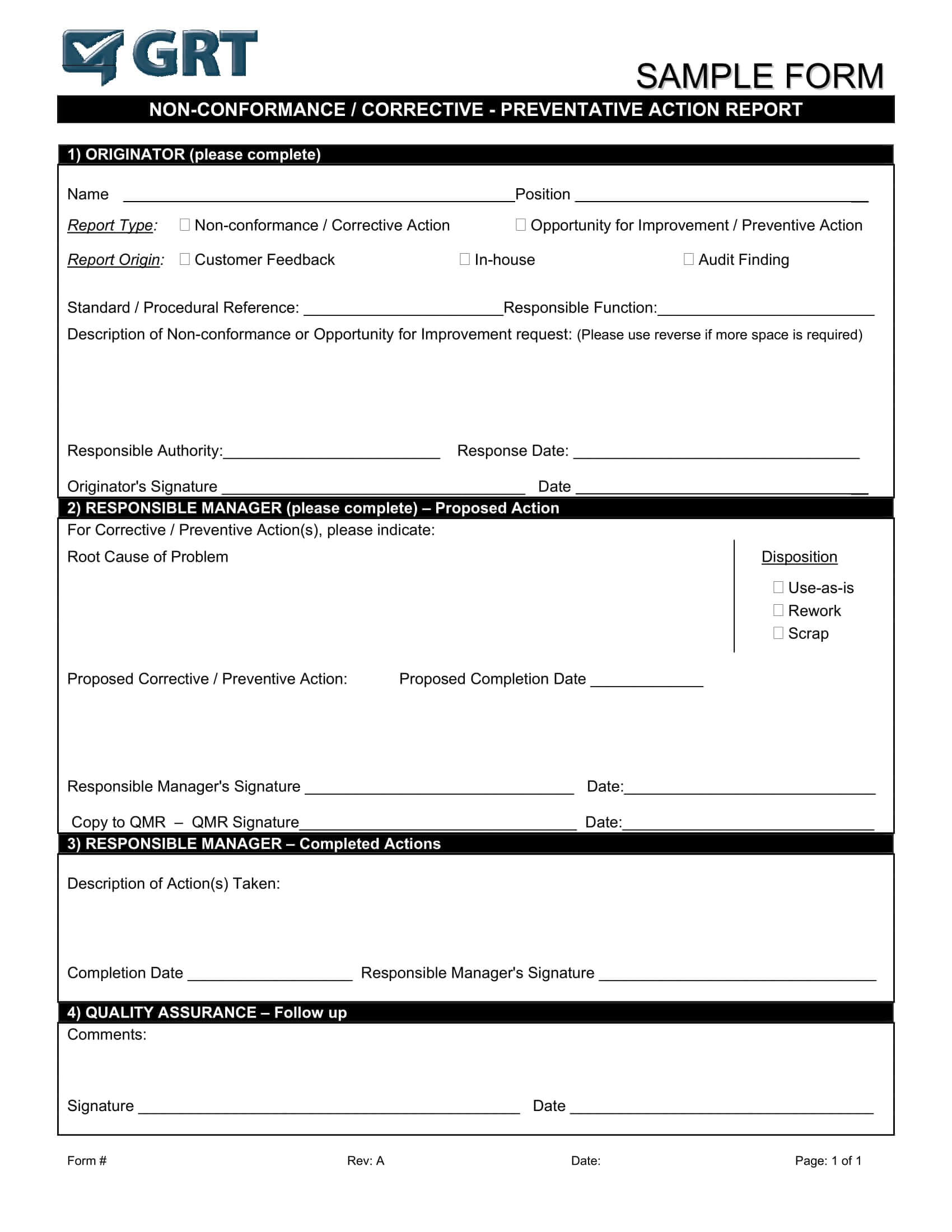 012 Corrective Action Form Template Manufacturing Non Regarding Non Conformance Report Form Template
