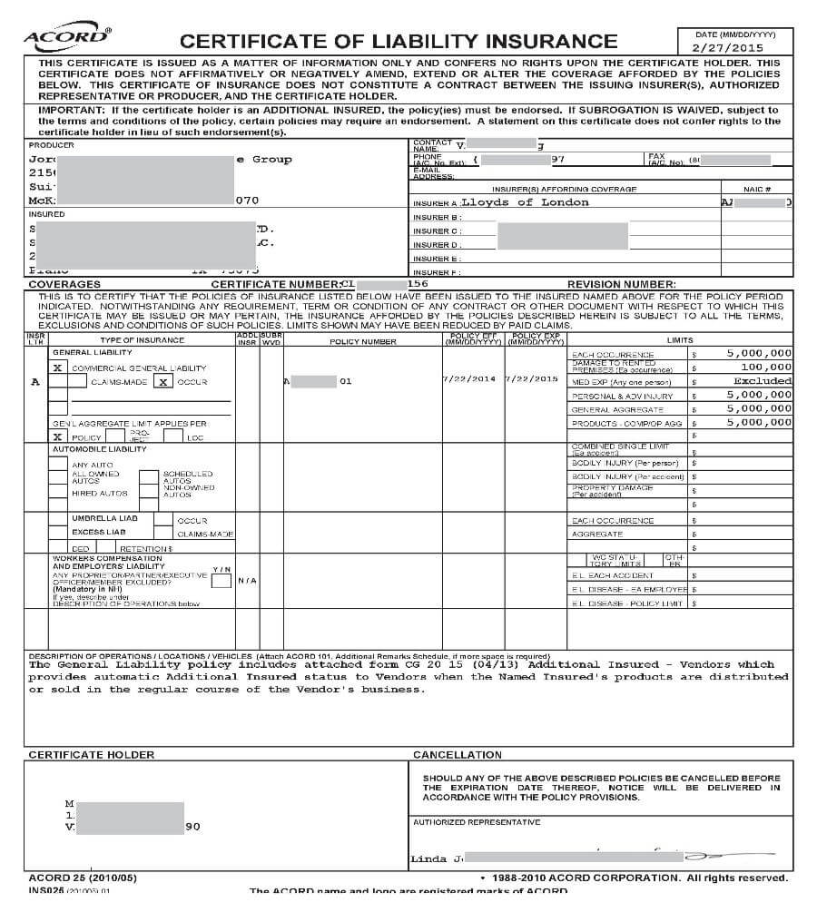 015 Certificate Of Liability Insurance Form California What Within Acord Insurance Certificate Template