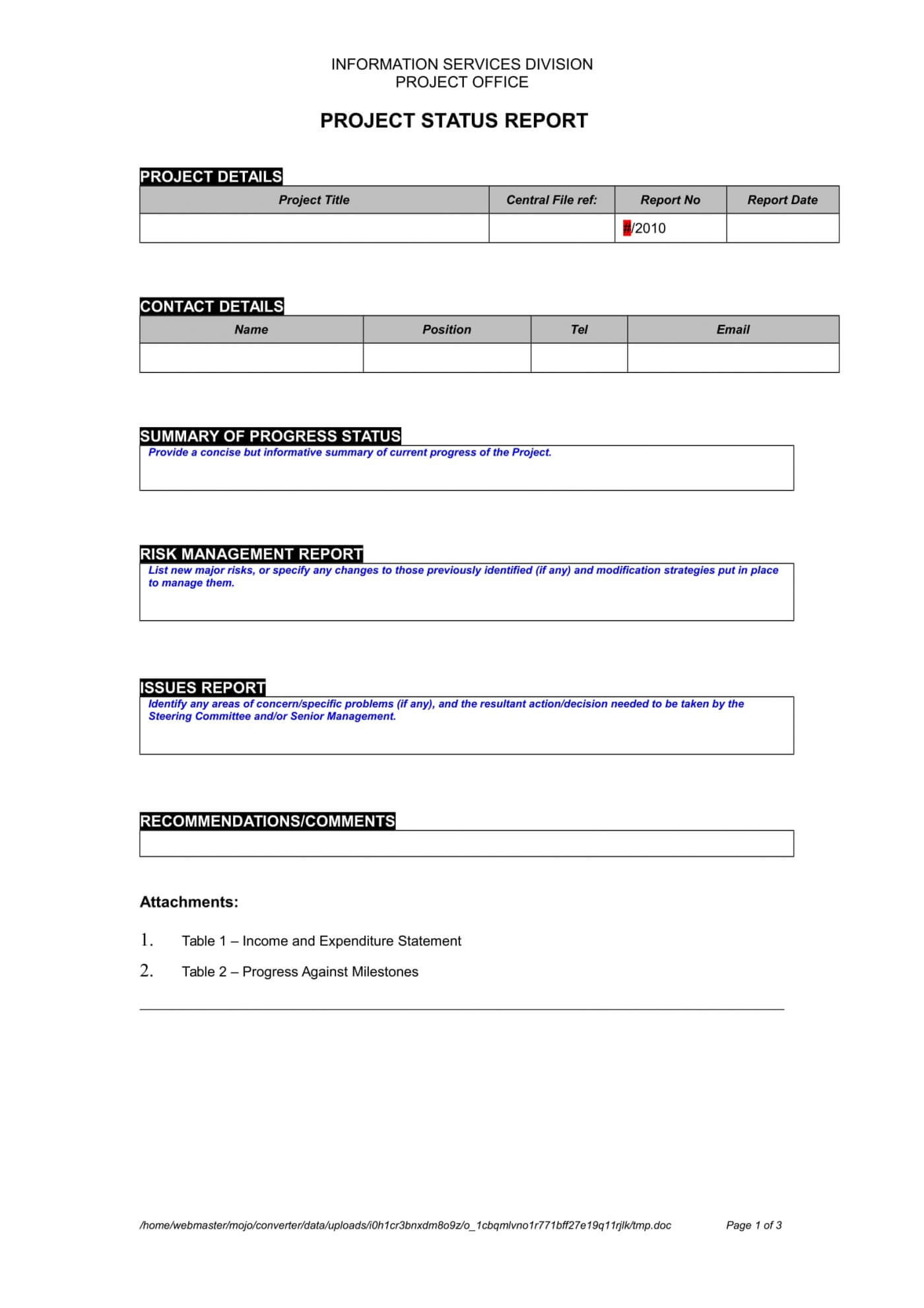 016 Executive One Page Status Report Template Ideas Project Pertaining To Report To Senior Management Template