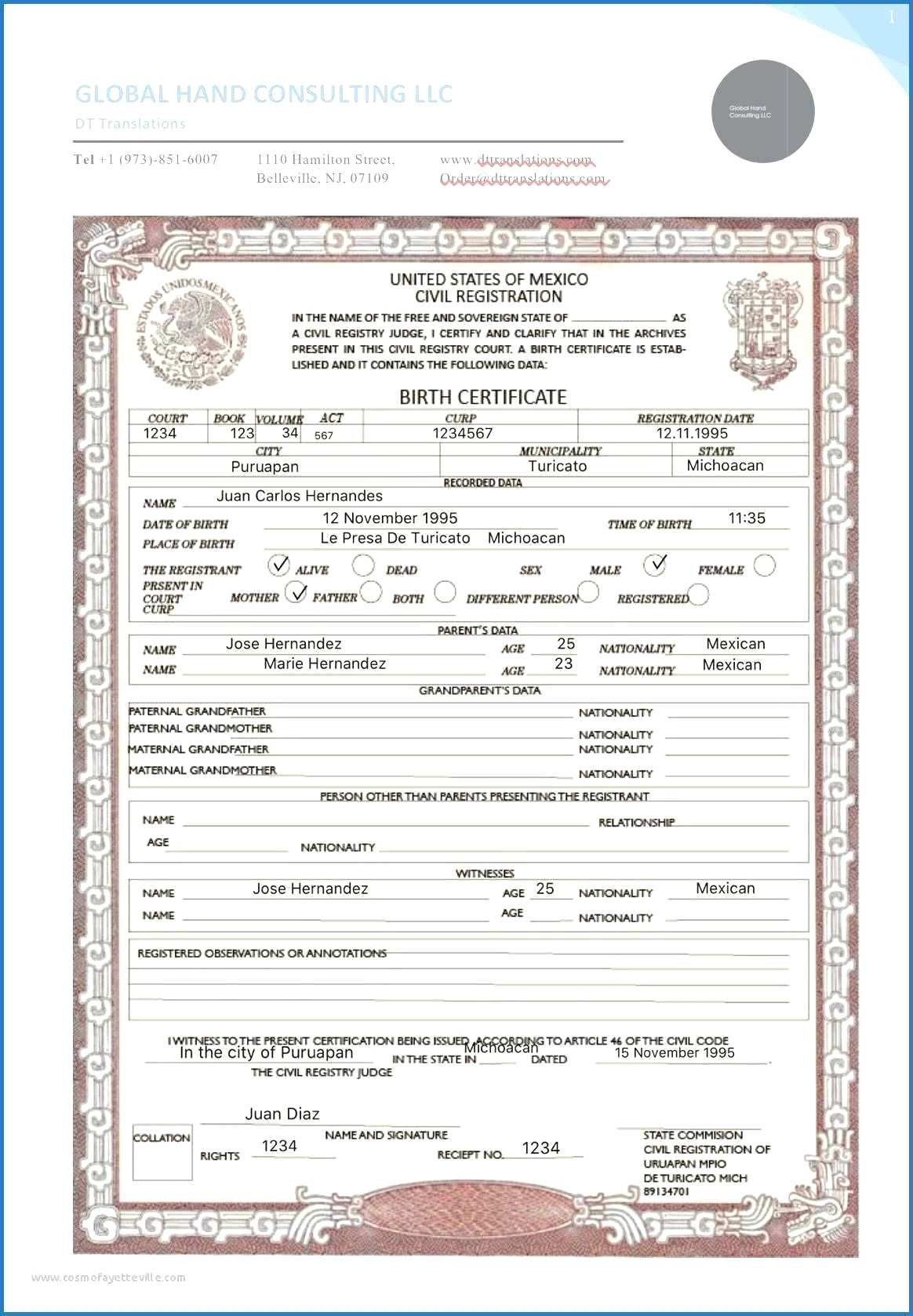 018 Free Birth Certificate Template Translate Mexican Sample Regarding Birth Certificate Translation Template Uscis