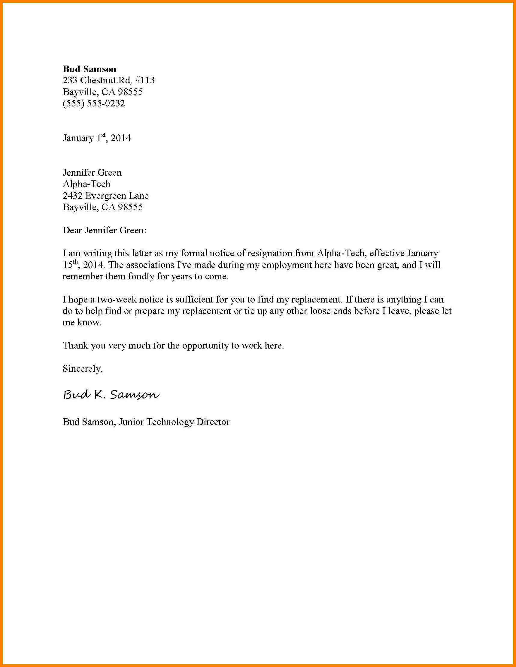 023 Format Of Formal Resignation Letter Resign Sample Within 2 Weeks Notice Template Word