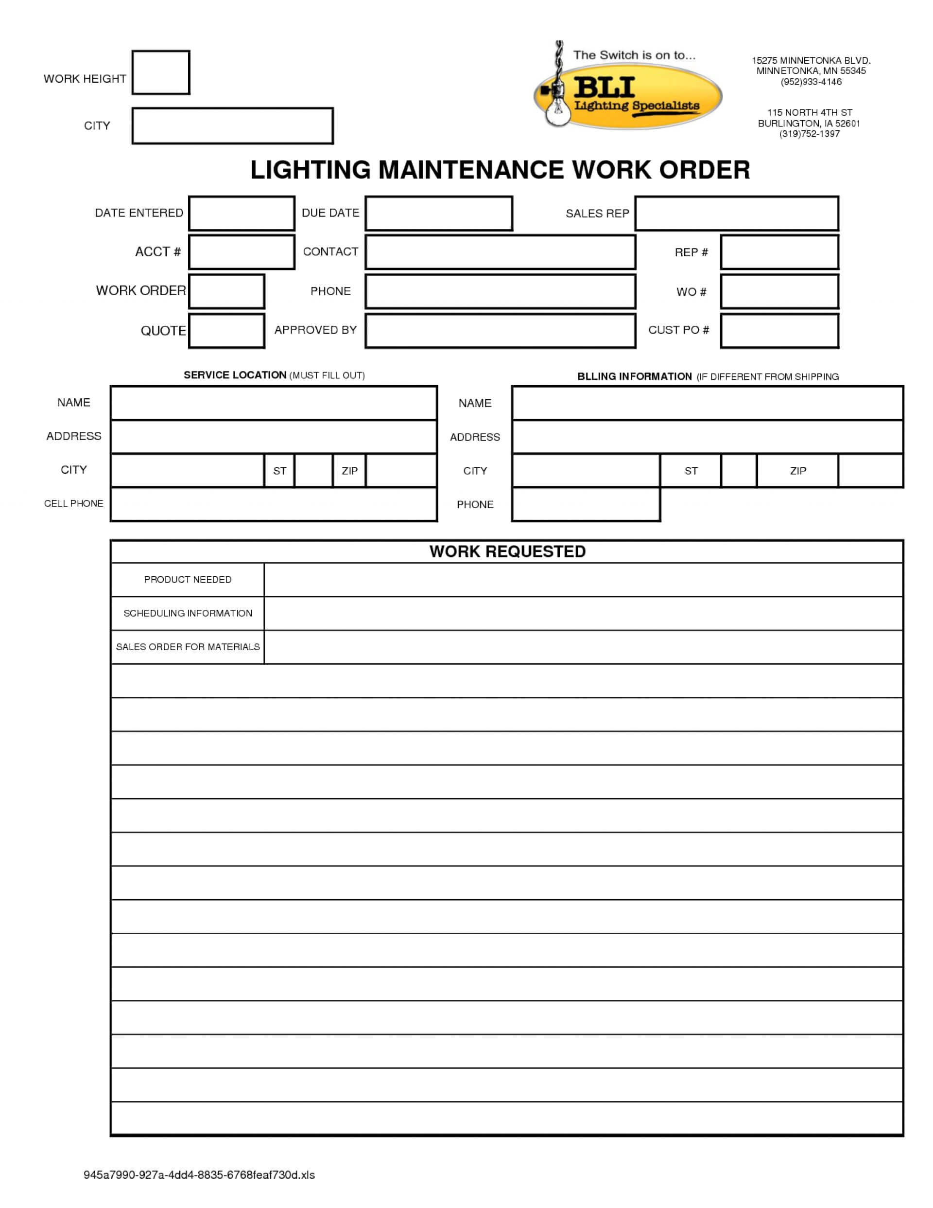 027 Maintenance Work Order Template Excel New Job Card With Maintenance Job Card Template