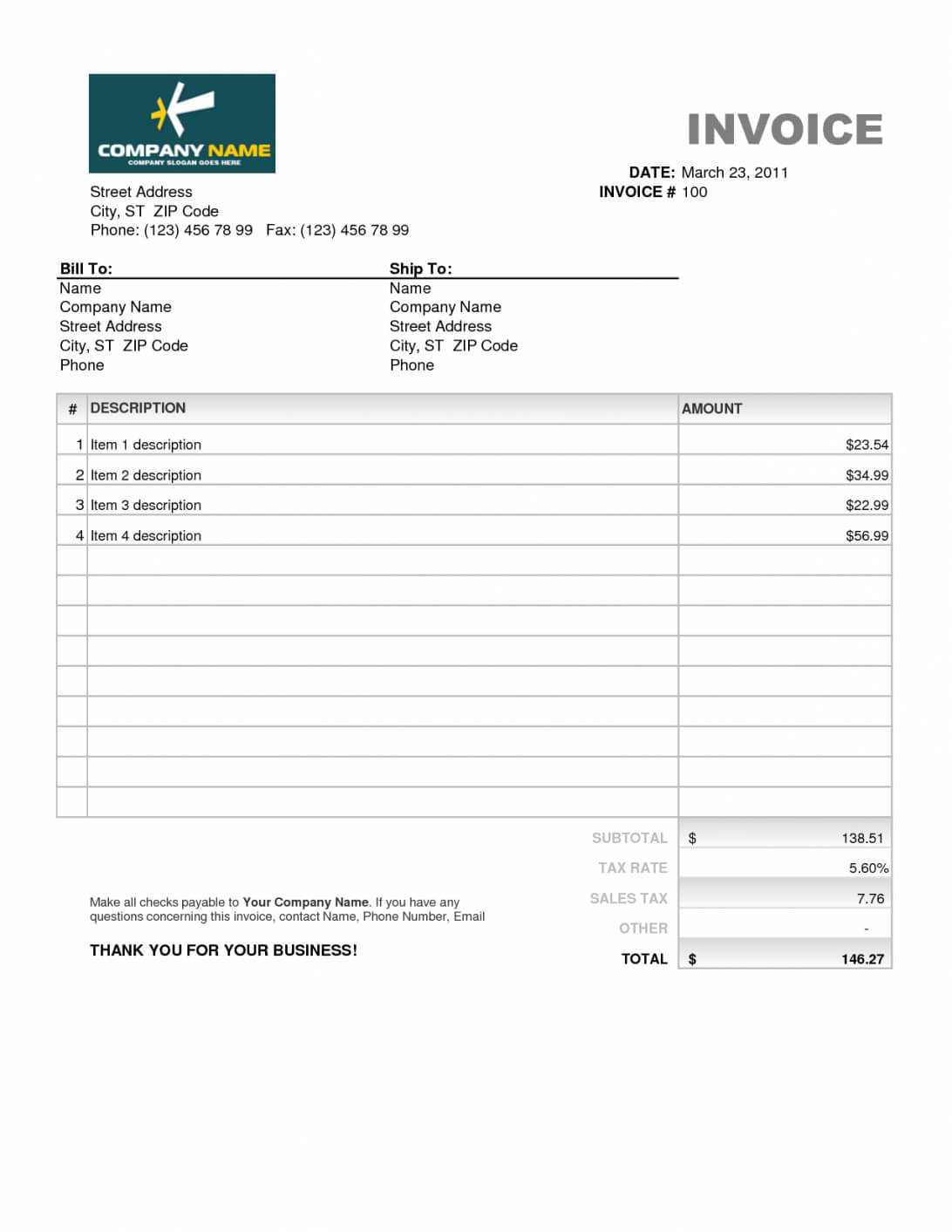 12+ Invoice Template Word Document | Ledger Paper Regarding Invoice Template Word 2010