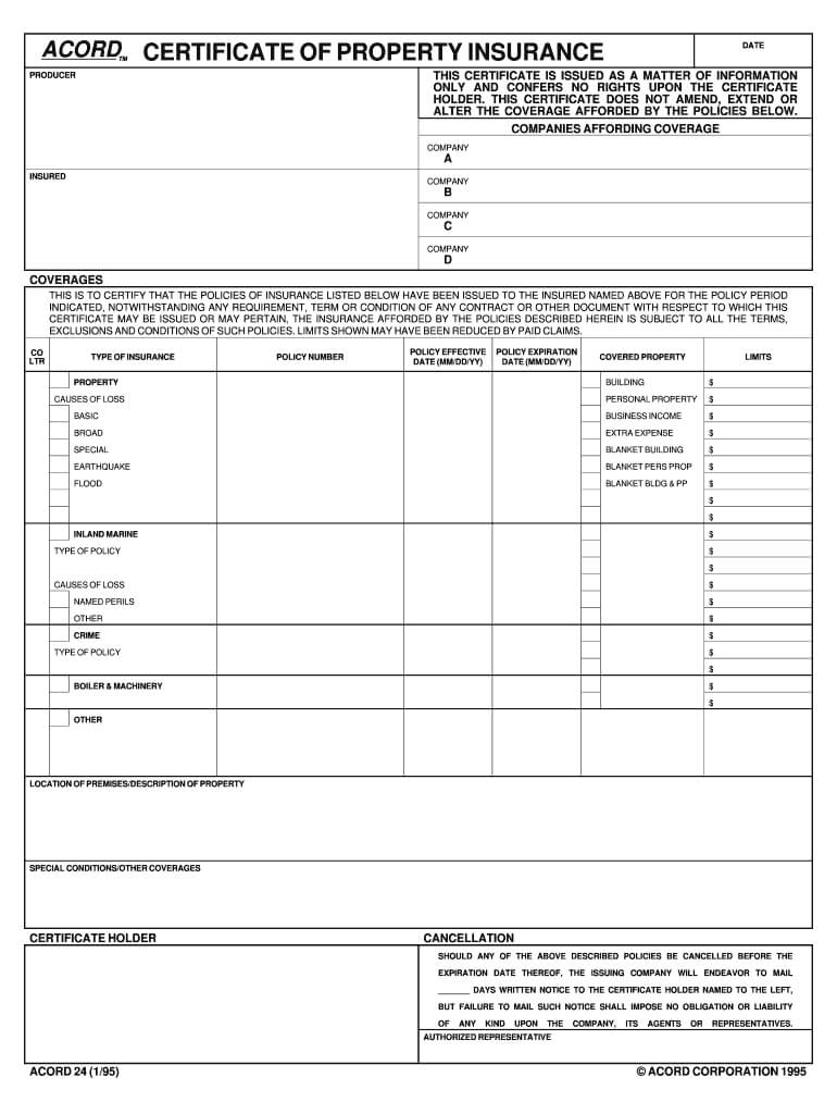 1995 Form Acord 24 Fill Online, Printable, Fillable, Blank Within Certificate Of Insurance Template