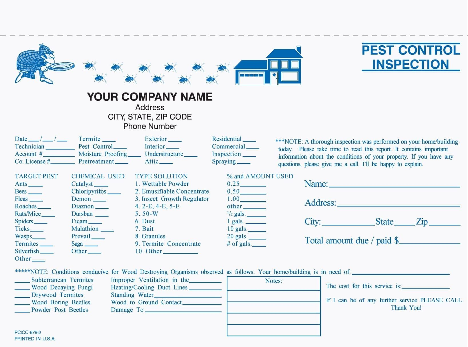 2 Part Pest Control Inspection Form, Carbonless | Pest With Pest Control Report Template
