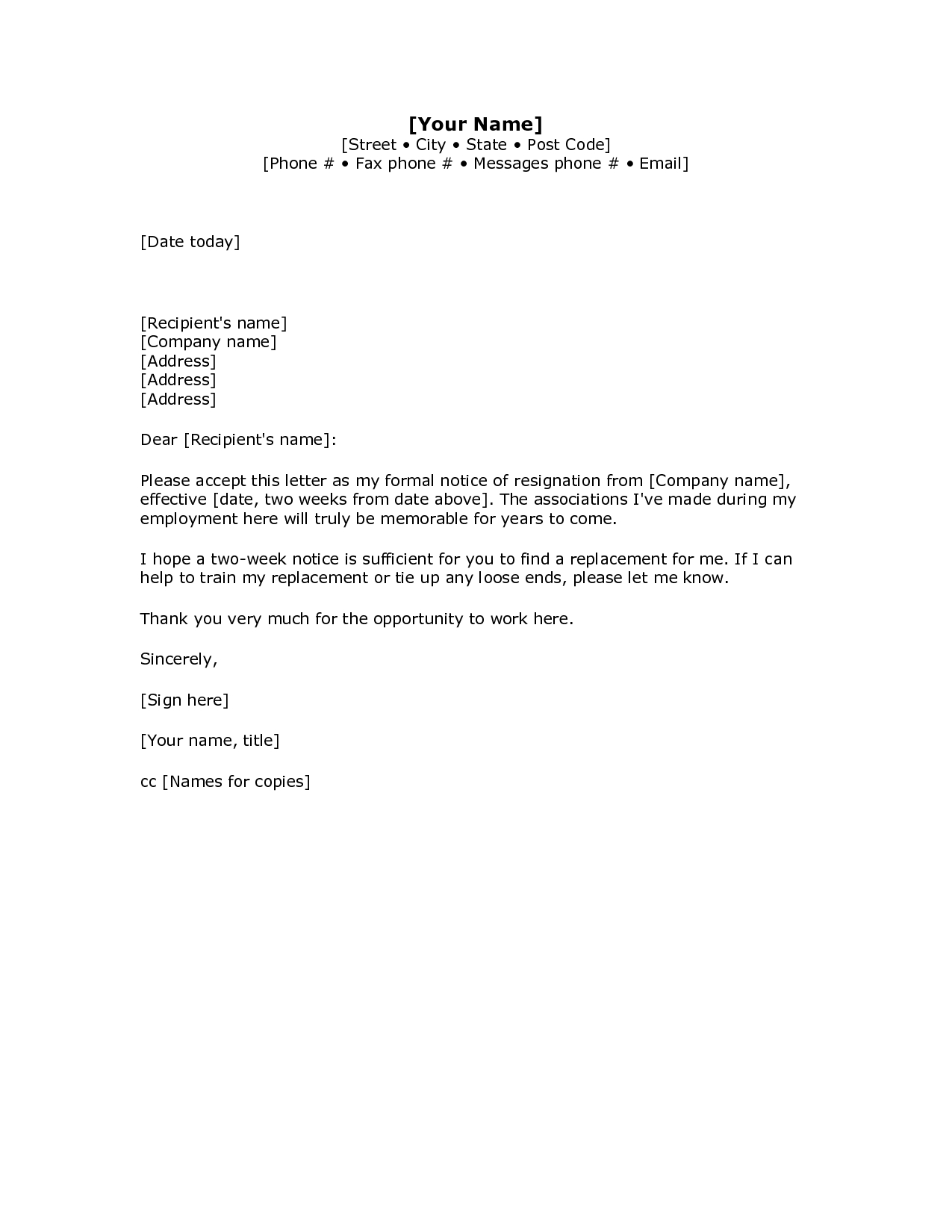 2 Weeks Notice Letter Resignation Letter Week Notice Words Pertaining To Two Week Notice Template Word