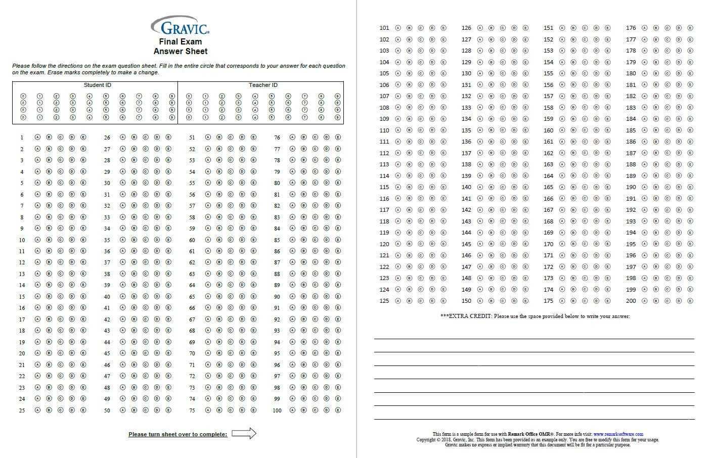 200 Question Test Answer Sheet With Extra Credit And Grid Id For Blank Answer Sheet Template 1 100