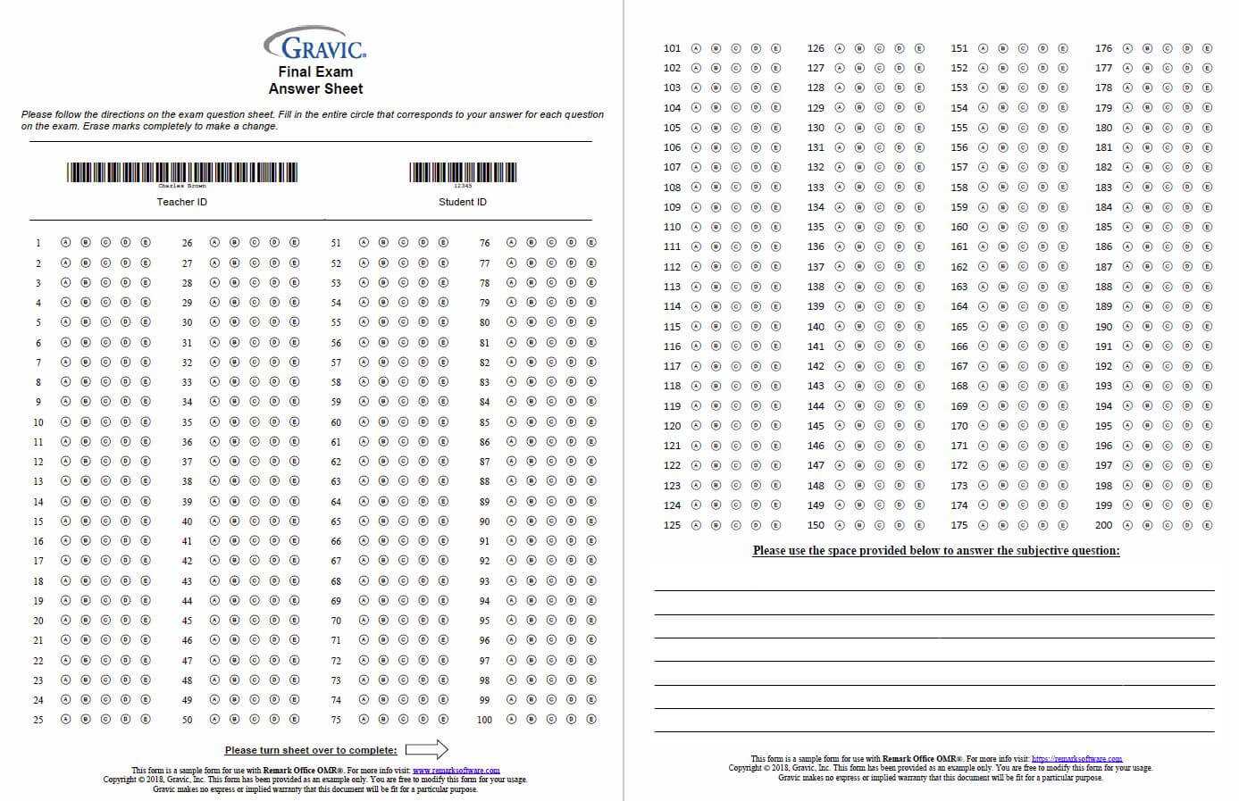 200 Question Test Answer Sheet With Subjective Question Throughout Blank Answer Sheet Template 1 100