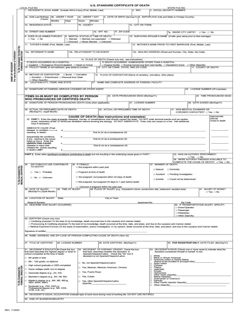 2003 2020 Form Us Standard Certificate Of Death Fill Online Throughout Baby Death Certificate Template