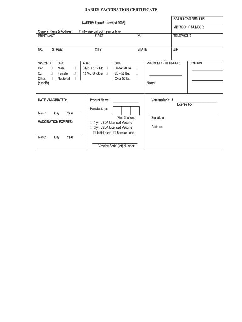 2006 Cdc Nasphv Form 51 Fill Online, Printable, Fillable Regarding Rabies Vaccine Certificate Template