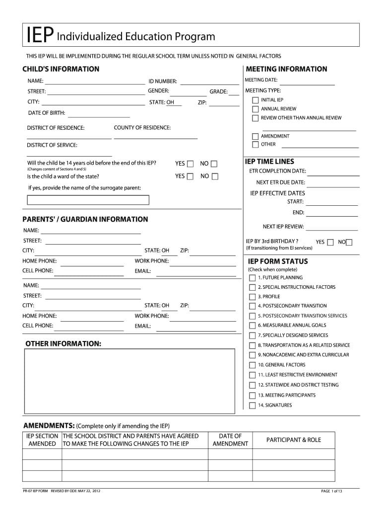 2012 2020 Form Oh Pr 07 Iep Fill Online, Printable, Fillable Inside Blank Iep Template