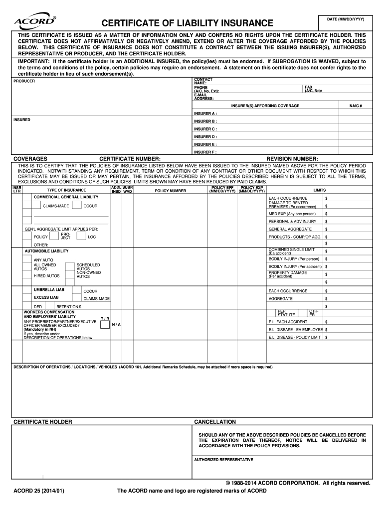 2014 2020 Form Acord 25 Fill Online, Printable, Fillable For Certificate Of Liability Insurance Template