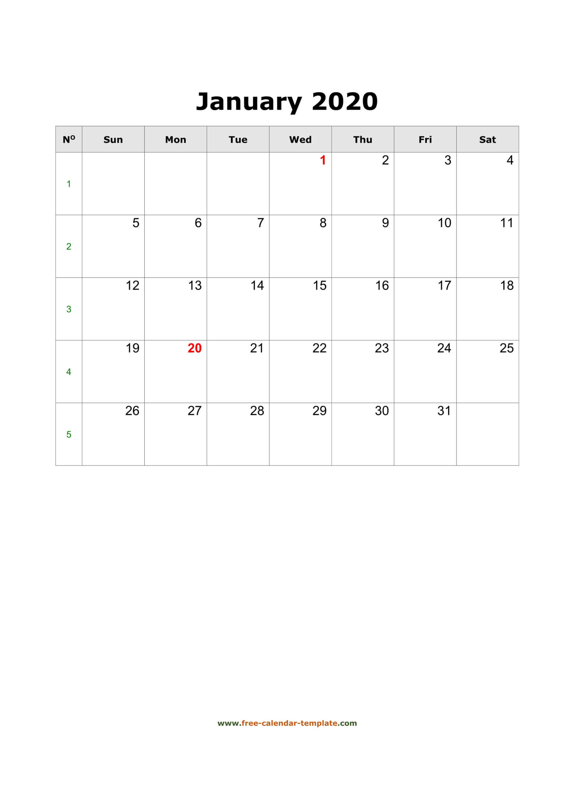 2020 January Calendar (Blank Vertical Template) | Free Throughout Blank One Month Calendar Template