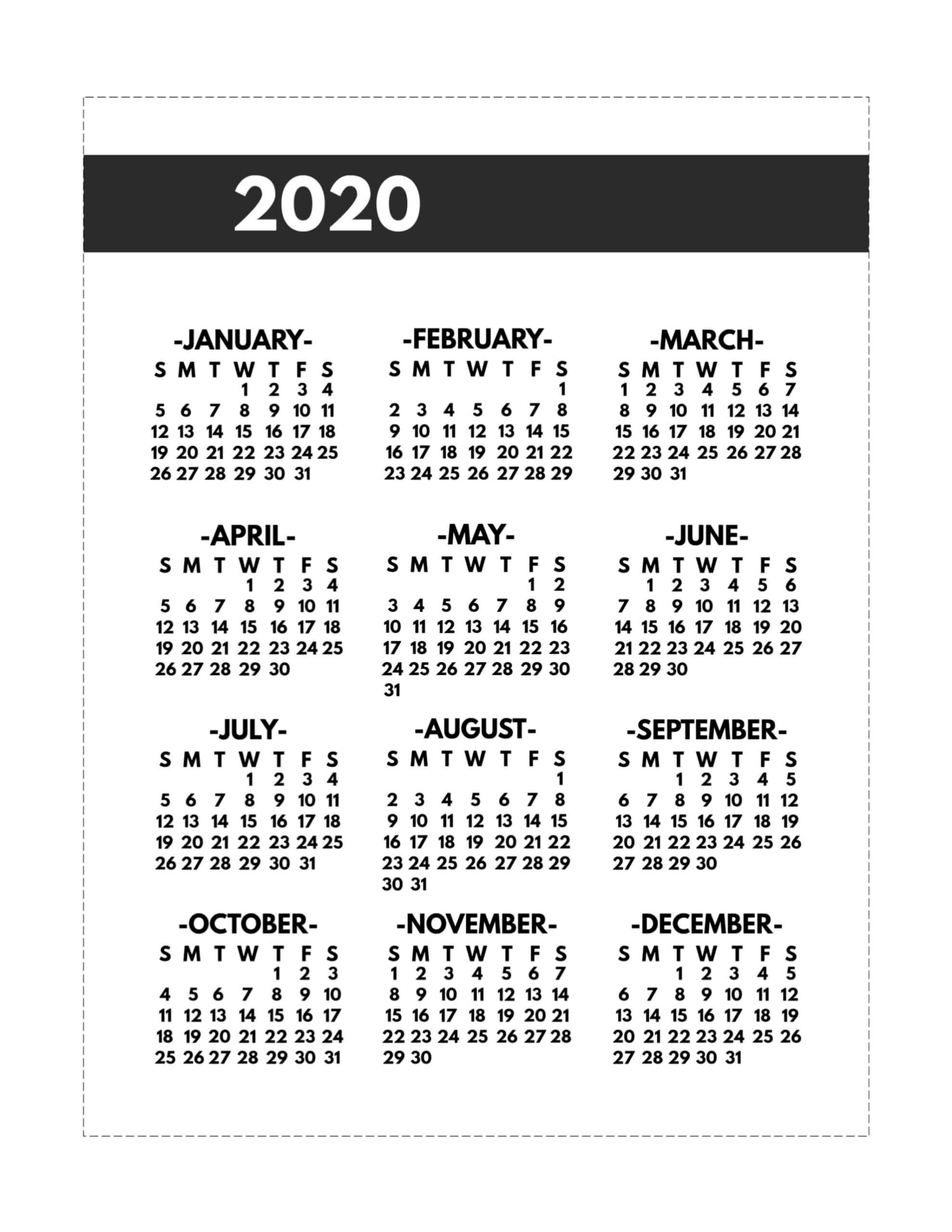 2020 Printable One Page Year At A Glance Calendar – Paper With Regard To Month At A Glance Blank Calendar Template