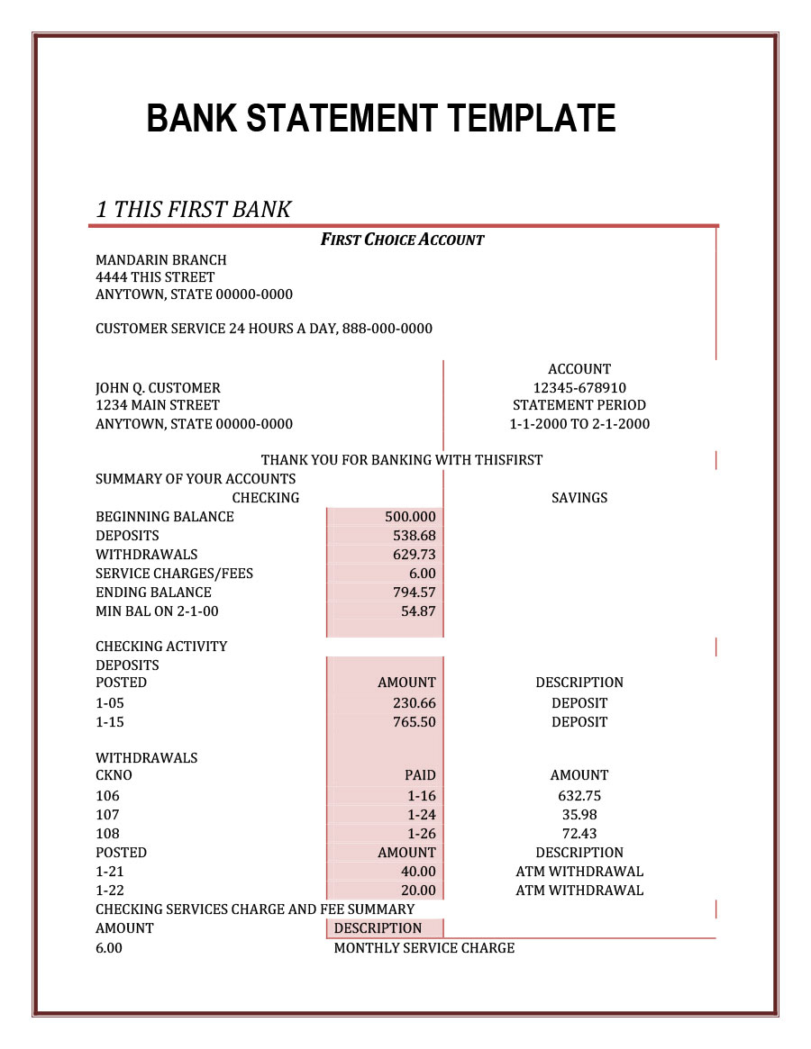 23 Editable Bank Statement Templates [Free] ᐅ Template Lab With Blank Bank Statement Template Download
