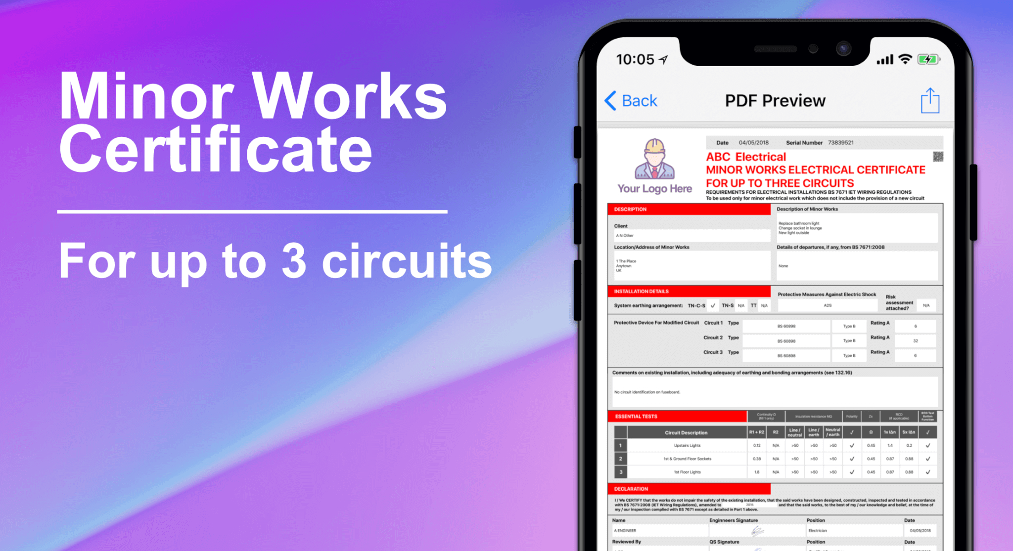 3 Circuit Minor Works Electrical Certificate – Icertifi In Electrical Minor Works Certificate Template