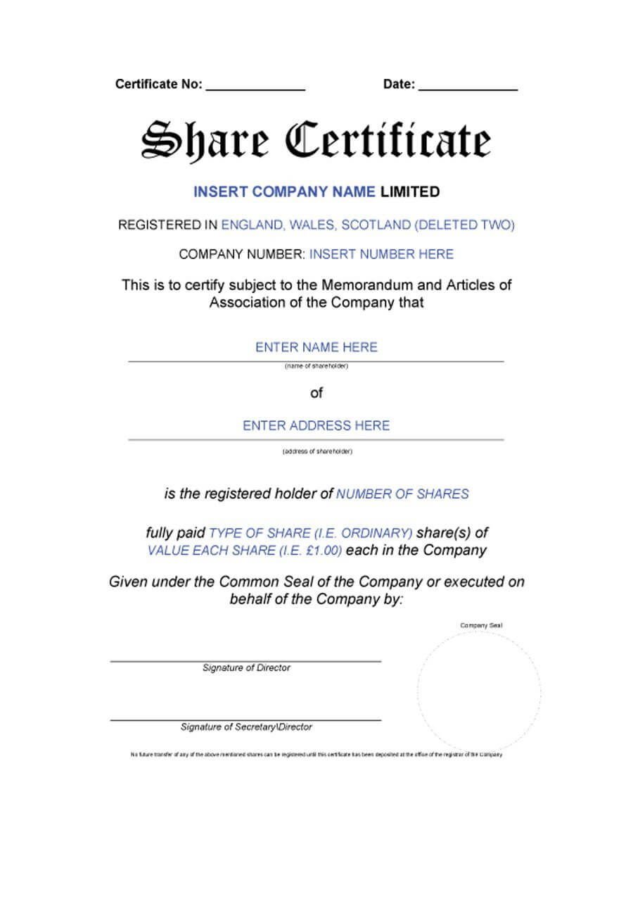 40+ Free Stock Certificate Templates (Word, Pdf) ᐅ Template Lab Intended For Template For Share Certificate