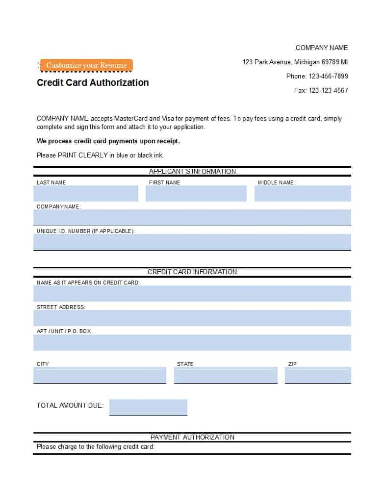 41 Credit Card Authorization Forms Templates {Ready To Use} With Regard To Credit Card On File Form Templates