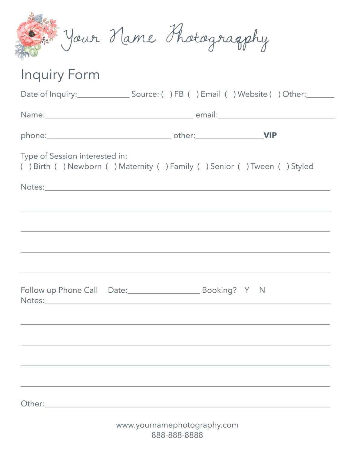 $5.00 Photography Inquiry Form, Inquiry Log, Client Log. Inside Enquiry Form Template Word