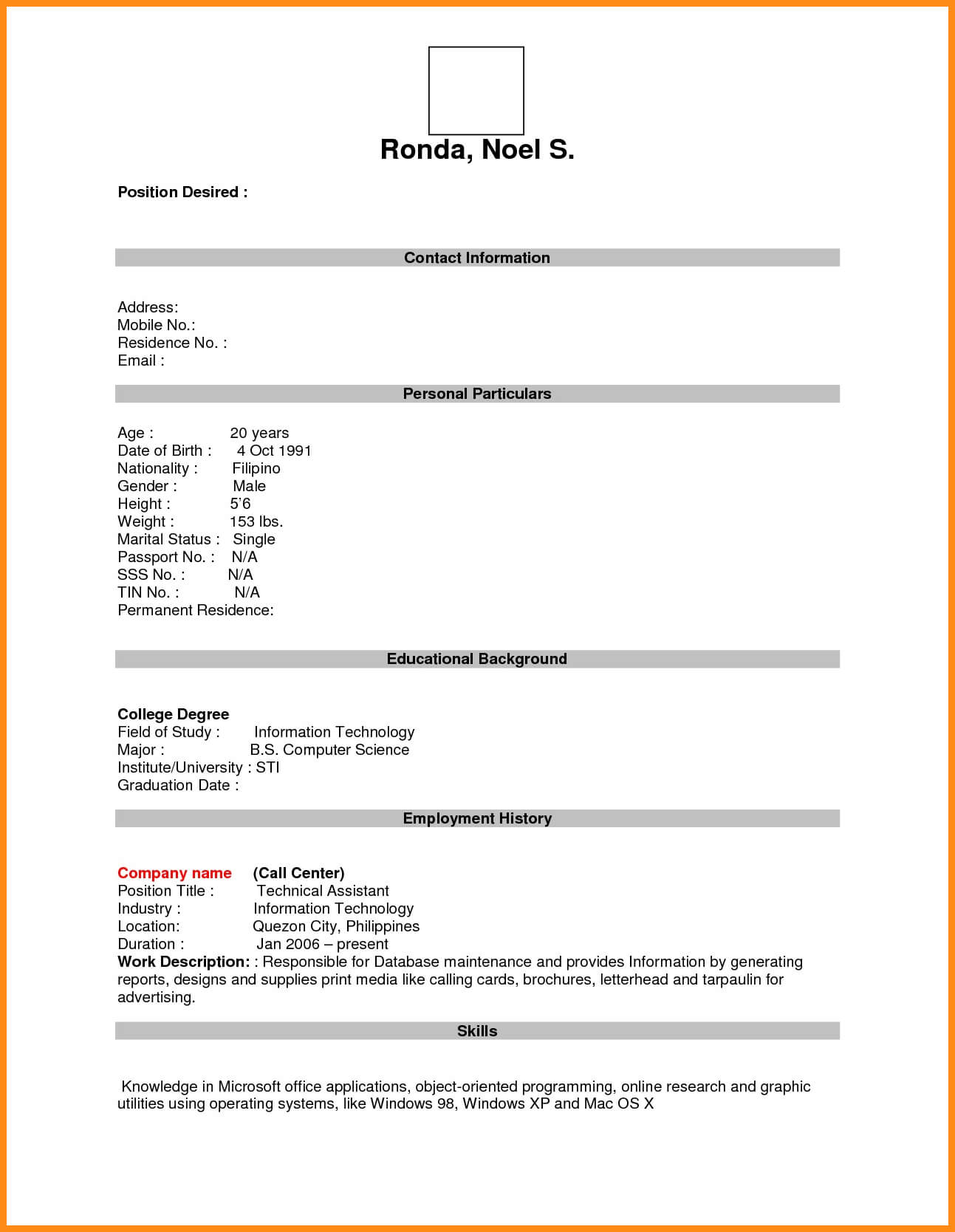 7+ Download Free Resume Form | Odr2017 Intended For Free Blank Cv Template Download