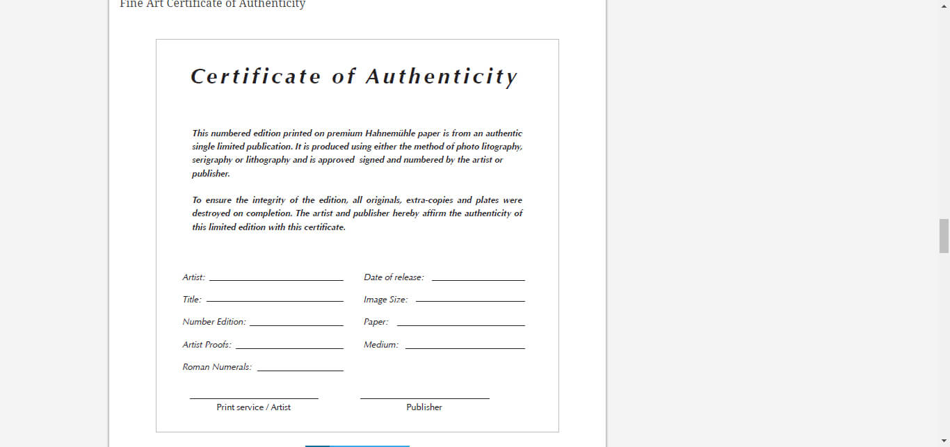 8 Certificate Of Authenticity Templates – Free Samples Within Certificate Of Authenticity Photography Template