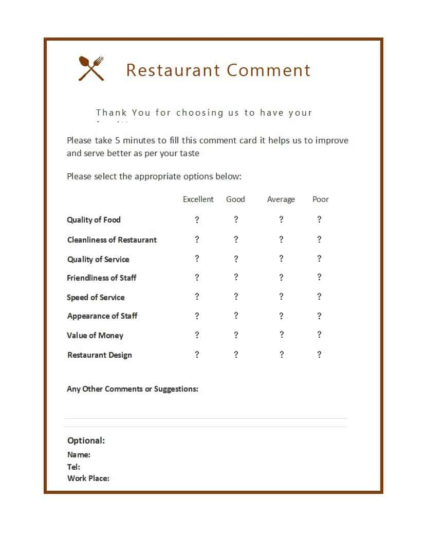 9 Restaurant Comment Card Templates – Free Sample Templates With Regard To Restaurant Comment Card Template