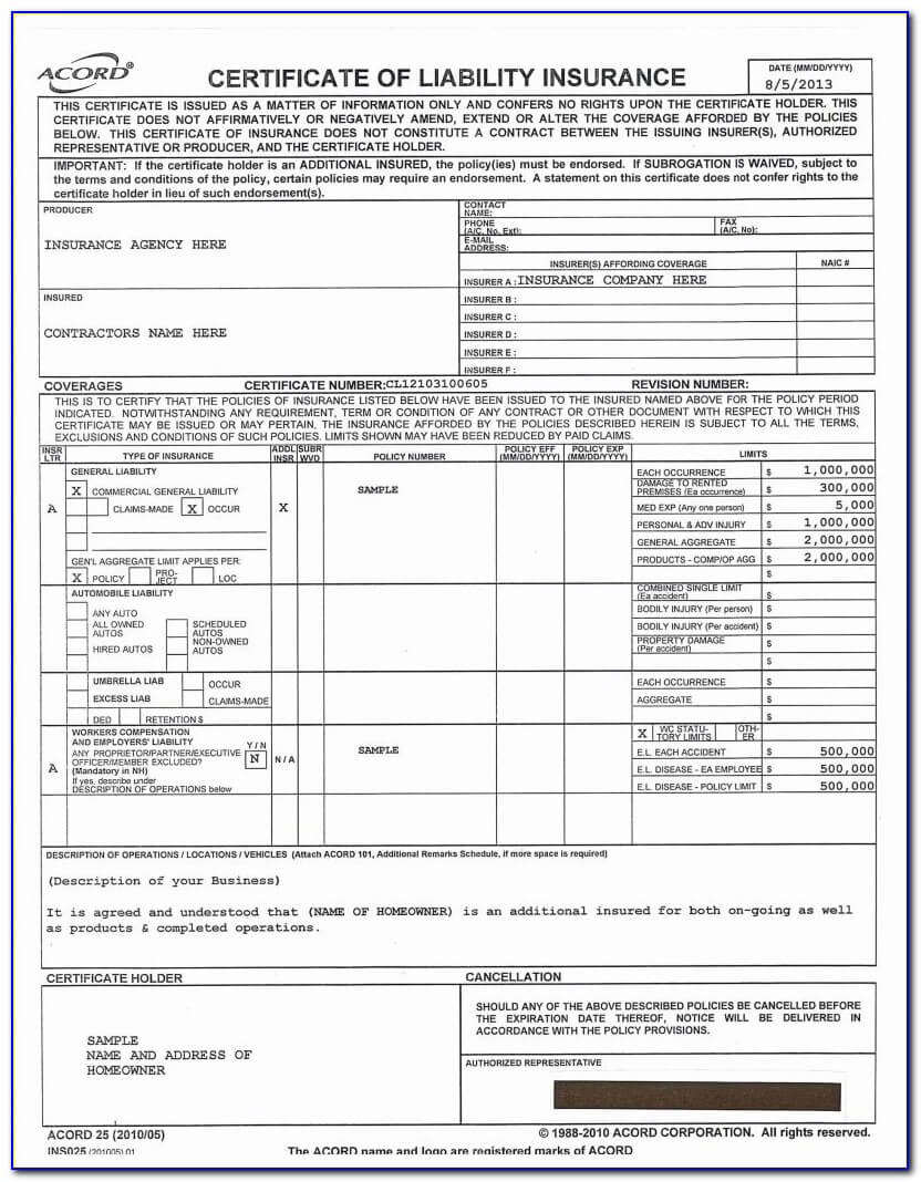 Acord Certificate Of Liability Insurance Form 25 – Form With Regard To Acord Insurance Certificate Template