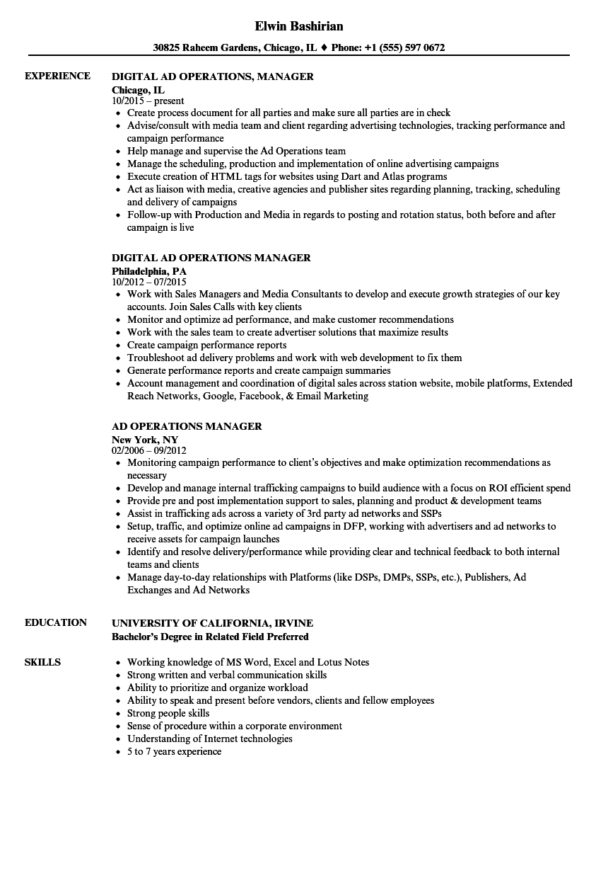 Ad Operations Resume – Zimer.bwong.co In Operations Manager Report Template
