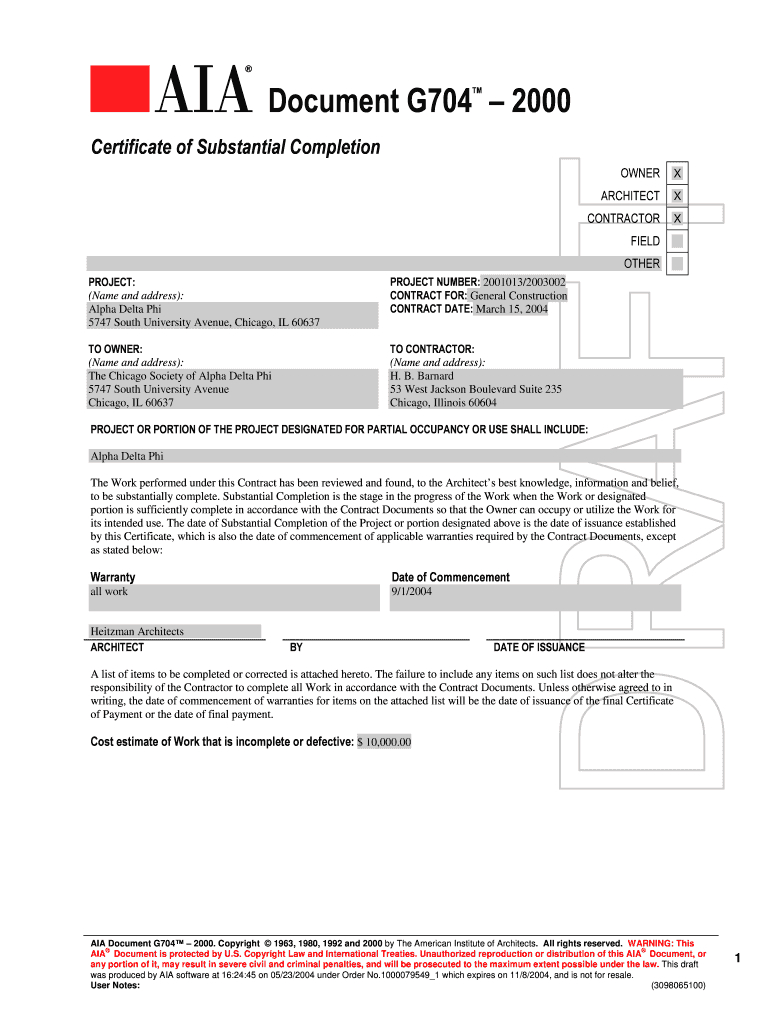 Aia G704 - Fill Online, Printable, Fillable, Blank | Pdffiller In Certificate Of Substantial Completion Template