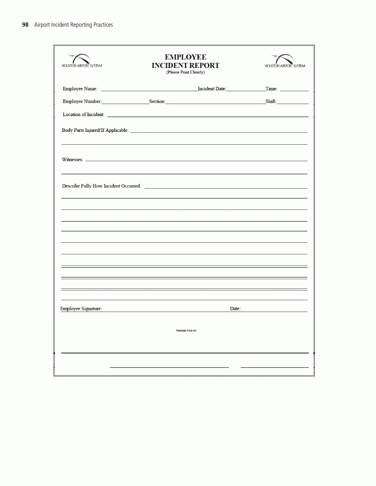 Appendix H - Sample Employee Incident Report Form | Airport Pertaining To Injury Report Form Template
