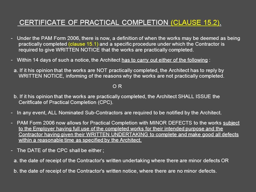 Architect's Certification Under The Pam Contract 2006 For Jct Practical Completion Certificate Template