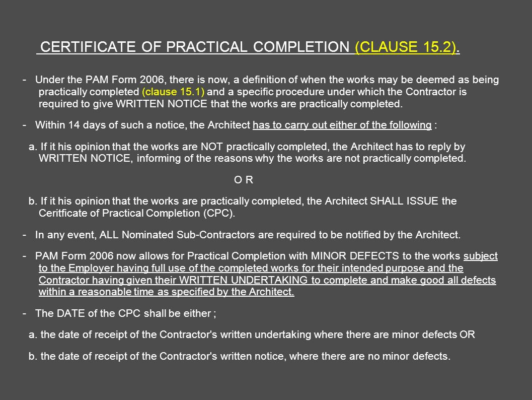 Architect's Certification Under The Pam Contract 2006 For Practical Completion Certificate Template Jct