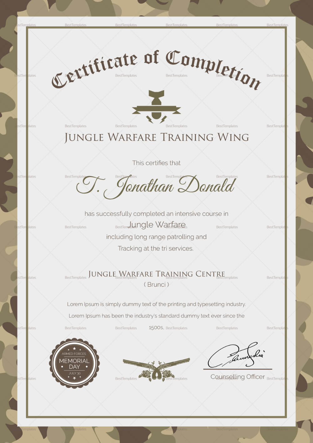Army Certificate Of Completion Template (5) | Professional Within Army Certificate Of Completion Template