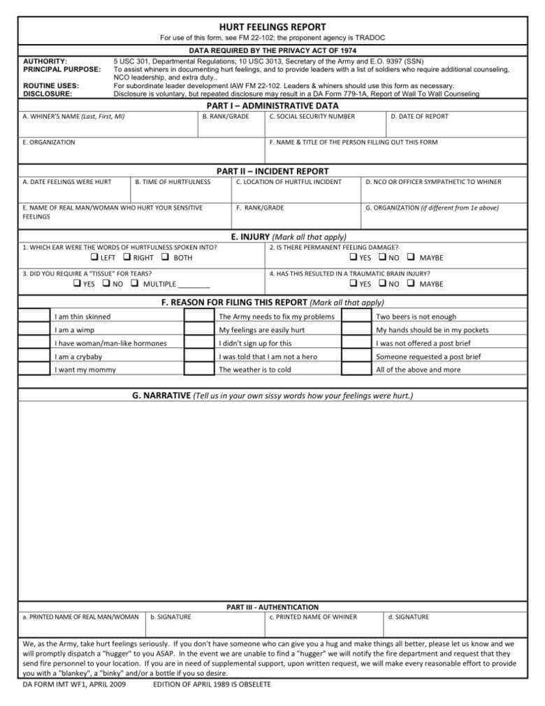 Army Hurt Feelings Report | Hurt Feelings, It Hurts Throughout Hurt Feelings Report Template