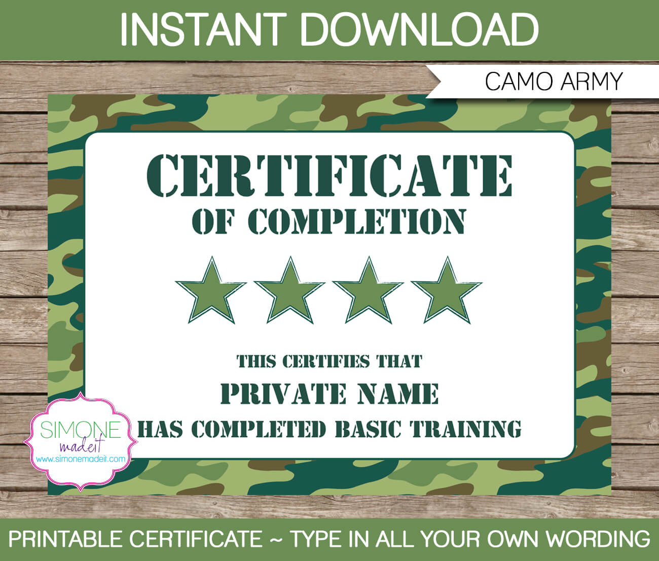 Army Party Printables, Invitations & Decorations – Camo In Boot Camp Certificate Template