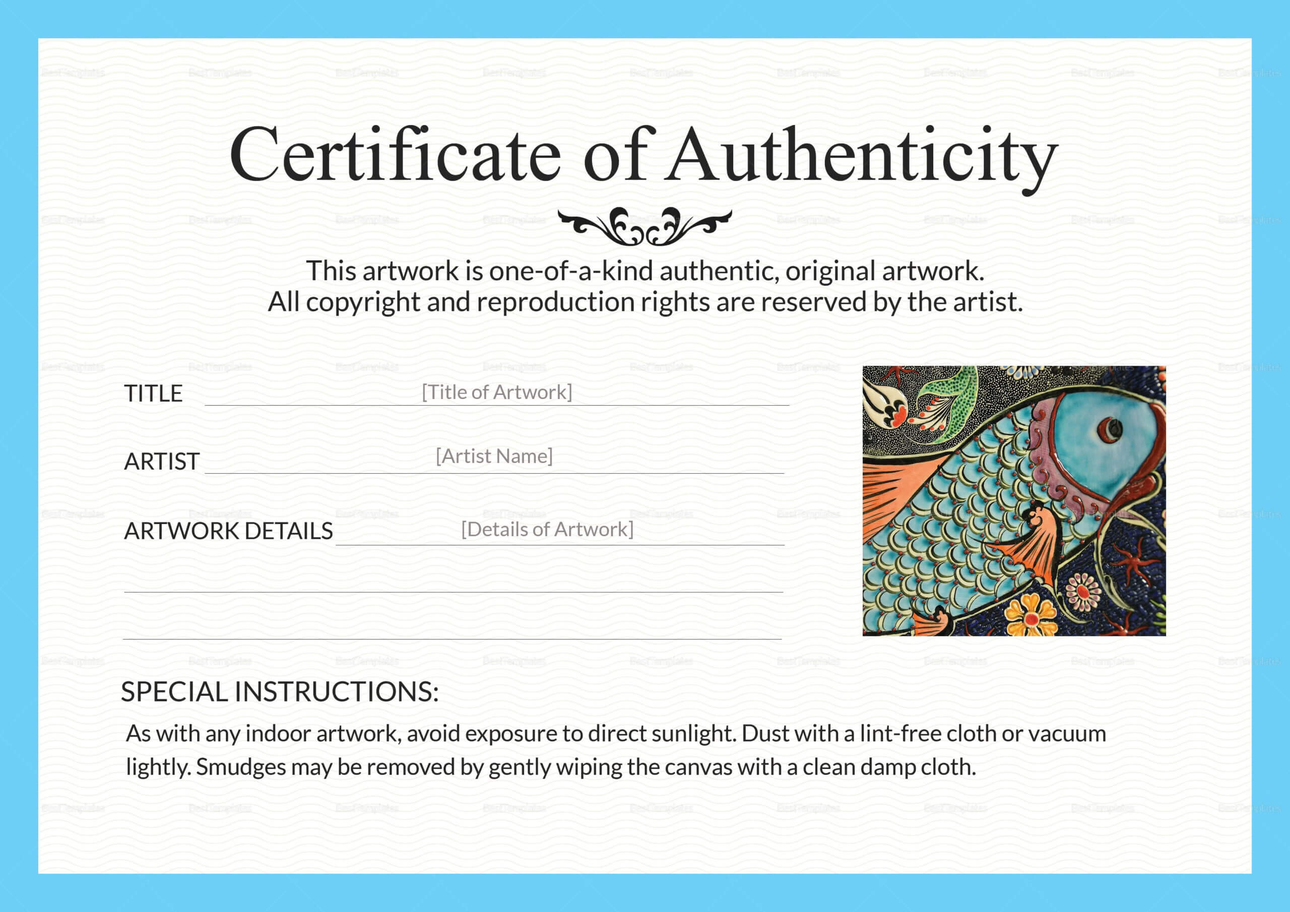 Artwork Authenticity Certificate Template In 2020 Throughout Certificate Of Authenticity Template