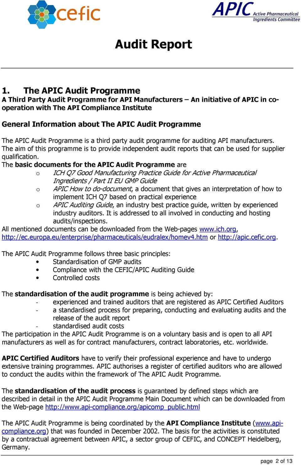 Audit Report In The Framework Of The Apic Audit Programme With Regard To Gmp Audit Report Template