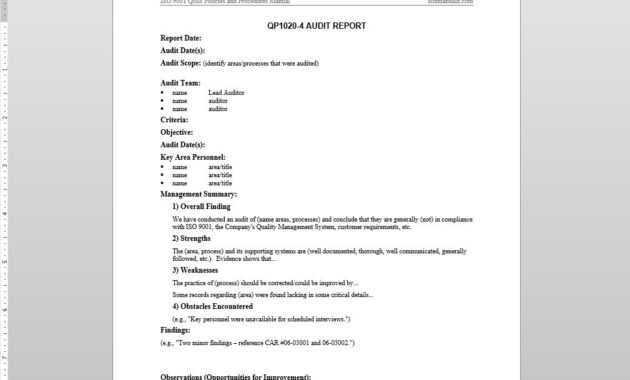 Audit Report Iso Template | Qp1020-4 for Internal Audit Report Template Iso 9001