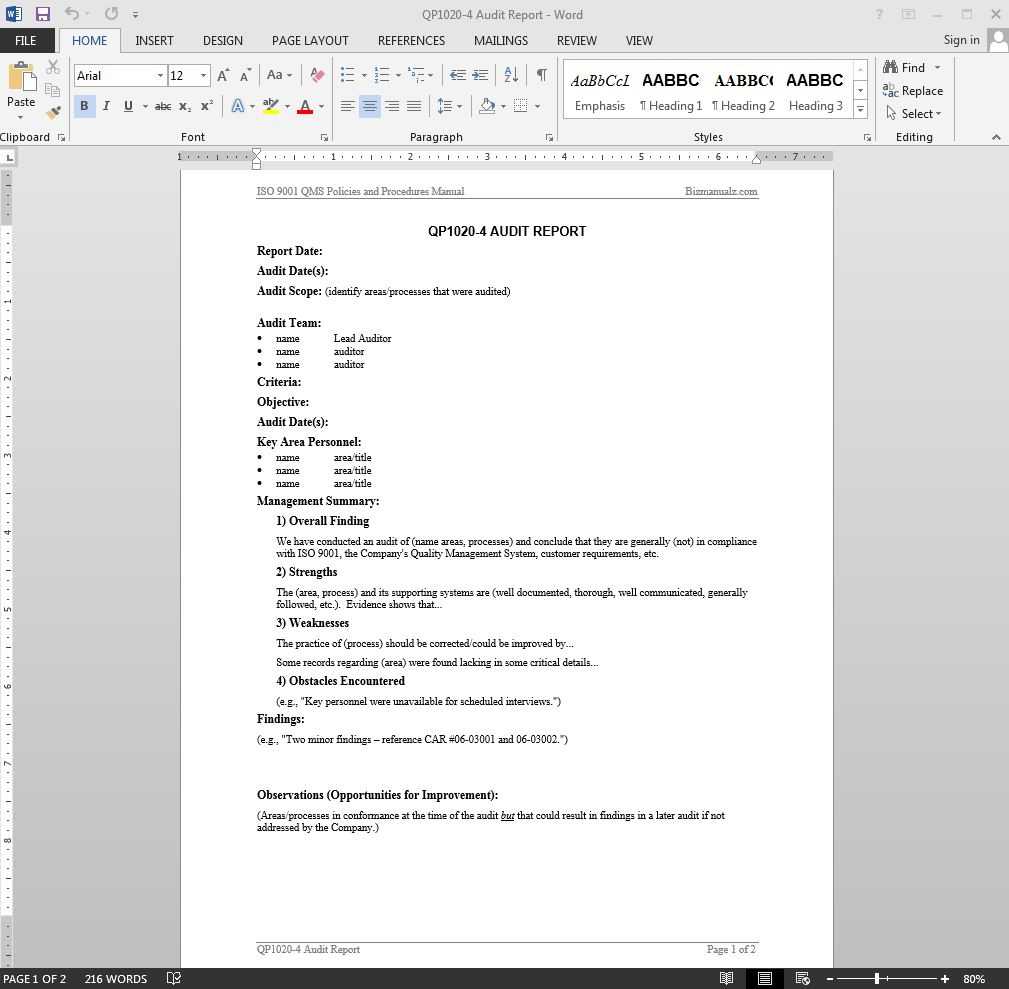 Audit Report Iso Template | Qp1020 4 Inside It Audit Report Template Word