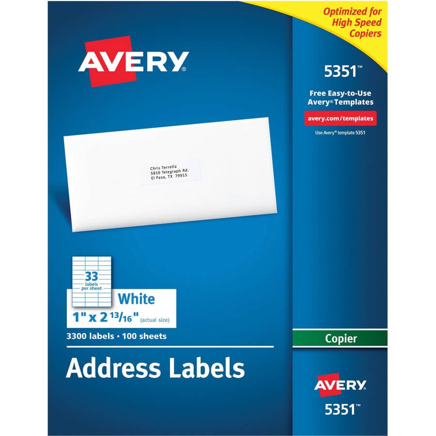 Avery® Address Labels For Copiers, Permanent Adhesive, 1" X 2 13/16", 3,300  Labels (5351) - Permanent Adhesive - 1" Width X 2 13/16" Length - With 33 Up Label Template Word