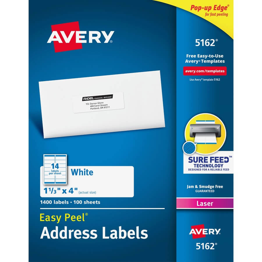 Avery® Easy Peel(R) Address Labels, Sure Feed(Tm) Technology, Permanent  Adhesive, 1 1/3" X 4", 1,400 Labels (5162) – Permanent Adhesive – 4" Width  X 1 Intended For Labels 8 Per Sheet Template Word