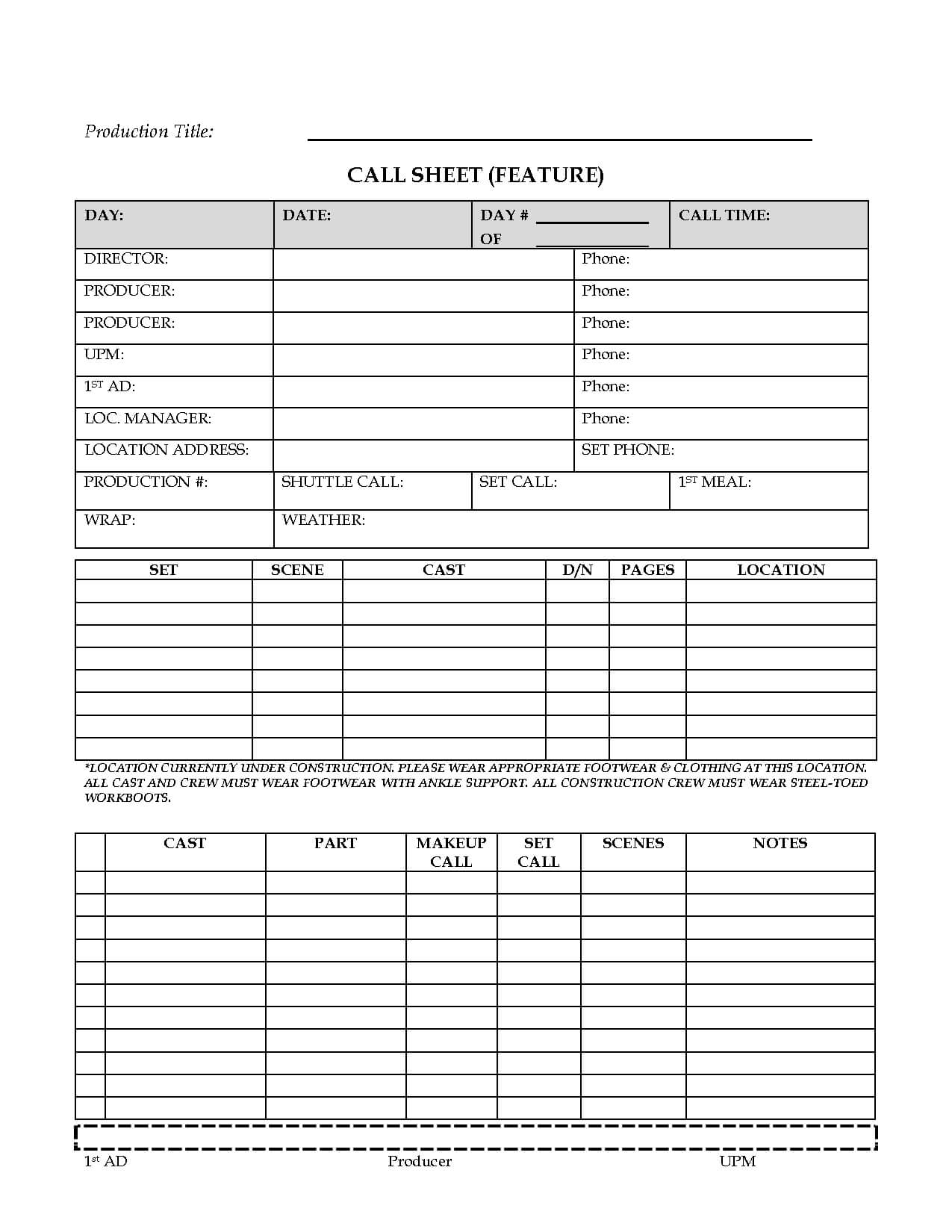 Awesome Call Sheet (Feature) Template Sample For Film Within Film Call Sheet Template Word