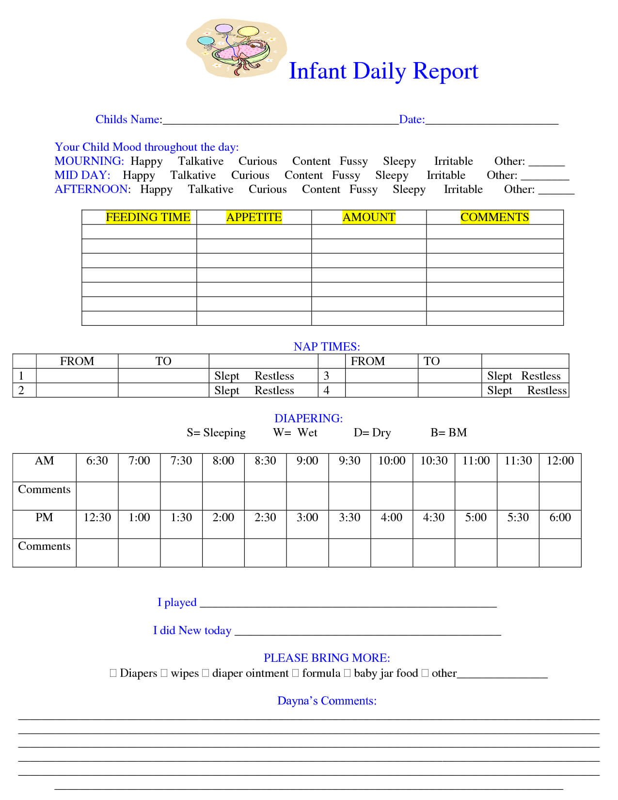 Baby Daily Sheet | Infant Daily Report – Download As Doc With Daycare Infant Daily Report Template