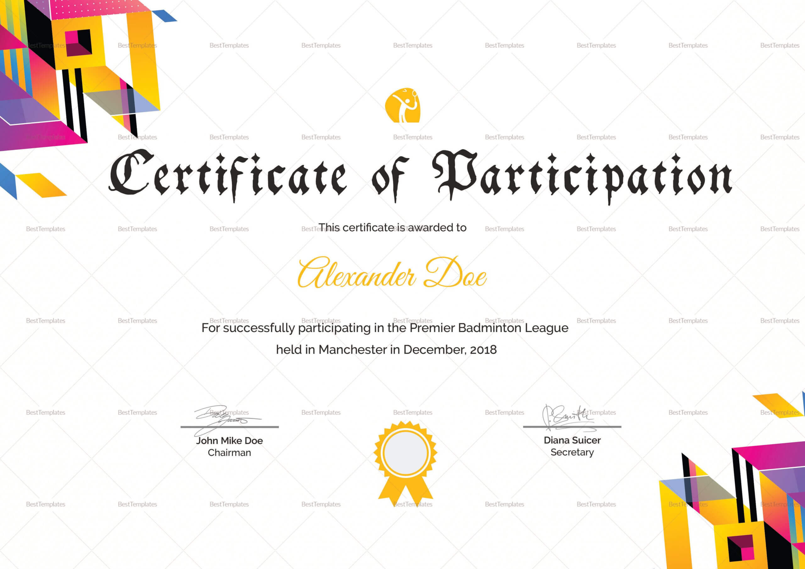 Badminton Participation Certificate Template | Certificate Regarding Gymnastics Certificate Template