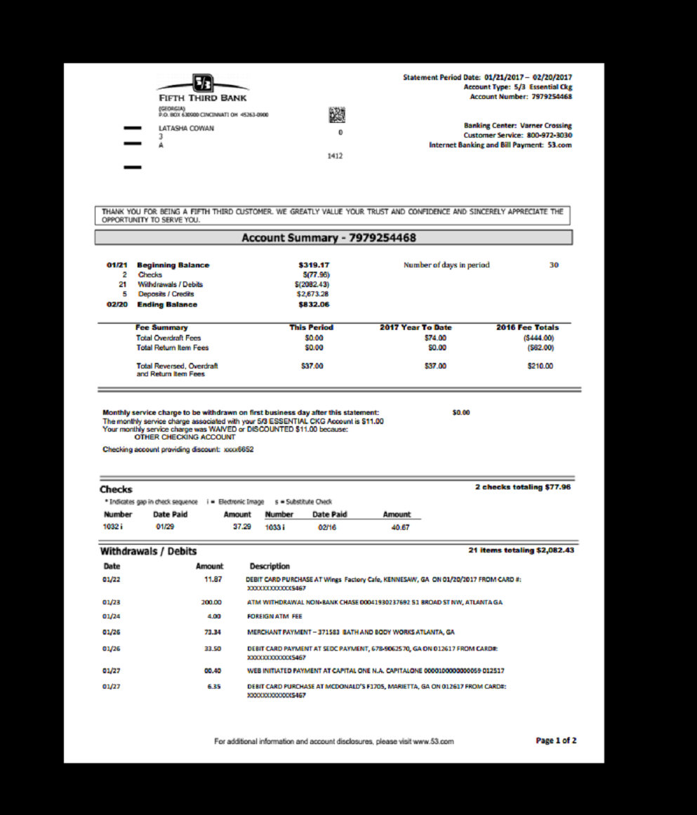 Bank, Statement, Fifth Third, Template, Proof Of Income In Blank Bank Statement Template Download